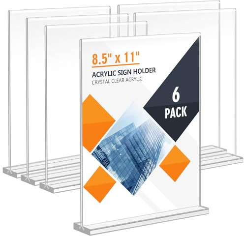 Enayplon Acrylic Sign Holder 8.5 x 11, Double Sided Sign Holder Stand, Plastic 6 Pack Table Paper Stand, Vertical Menu Flyer Stand, T Shape Table Flyer Holder