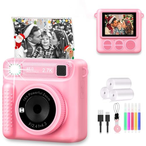 Worparsen Children's Camera - Instant Camera Digital Camera Print 1080P - 16x Digital Zoom 2.4 Inch Screen - 32GB Card - 3 Rolls of Printing Paper - 5 Colours Brush Pen Gift for 3-12 Years (Pink)