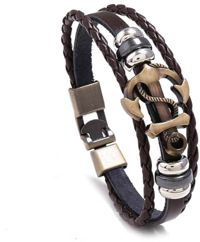 Jascatin Bracelet tressé en cuir tressé avec ancre - Bracelet manchette ethnique tribal élastique pour homme et femme, taille unique, Métal, Pas de gemme