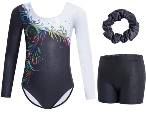 Gogokids Flickors tredelade långärmade gymnastiktrikesset - glittrande balettdräkt inkluderar trikåer, shorts och hårband, gradient paljettdesign för 3-12 år