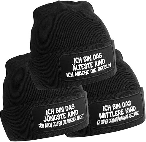 3er Set Beanie Strickmützen mit Spruch | Ich bin das jüngste, mittlere und älteste Kind | Farbwahl | Unisex SoftTouch Wintermütze Angenehm Weich und Warm OneSize