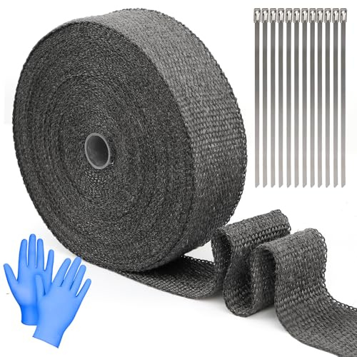 Hitzeschutzband 20M, Basaltfaser Hitzeschutzband Auspuff, mit 12 Kabelbinder und 1 Paar Gummihandschuhe, Basaltfaser Auspuffband Kabelbaum für Kraftfahrzeuge