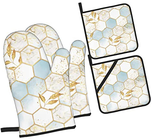 4 Pezzi Presine E Guanti Da Forno Marble Gold Guanti Da Cucina Divertenti Ultra Spessi Guanti Barbecue Per Grigliare, Cucinare, Cottura Al Forno