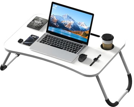 NAIZY Laptoptisch 60x40 cm Klapptisch Betttisch mit Tablet-Kerbe & Cup Slot & Anti-Rutsch Beine Betttablett Bett T isch für Sofa Bett Boden, Weiß
