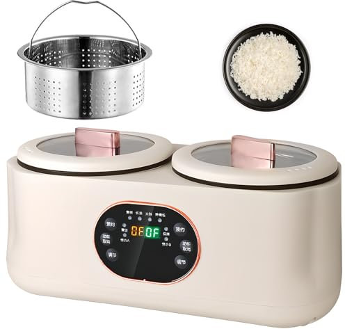 Olla de Cocción Lenta Doble, 1.8L + 1.8L, Arrocera con Dos Ollas, Olla Arrocera Baja en Azúcar, con 1 Jaula de Acero, 6 Funciones, Programable y Mantiene Caliente, Revestimiento Antiadherente