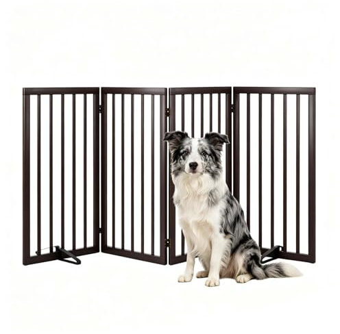 Semiocthome Cancelletto per cani autoportante in bambù per porte, barriera extra larga a 4 pannelli con 2 supporti in metallo, 82 cm di altezza, cancello pieghevole in legno per interni per porte e