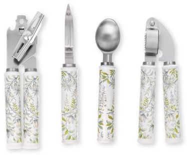 Laura Ashley 4-Pcs Kitchen Tools & Gadgets - Soft Grip, Heat Resistant Ceramic Handle, Dishwasher Safe - Stainless Steel Kitchen Utensils set Includes Garlic Press, Peeler, Can Opener, Ice Cream Scoop