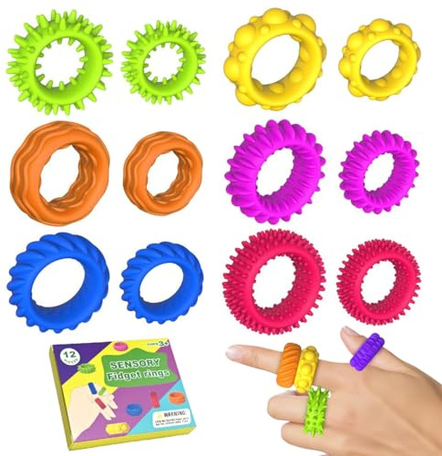 RAXLUPO 12 Pièces Bague Anti Stress Enfant Jouets Fidget Sensoriels Anneaux Fidget Sûrs Anti Stress Relief Toy Anneaux Sensoriels en Silicone