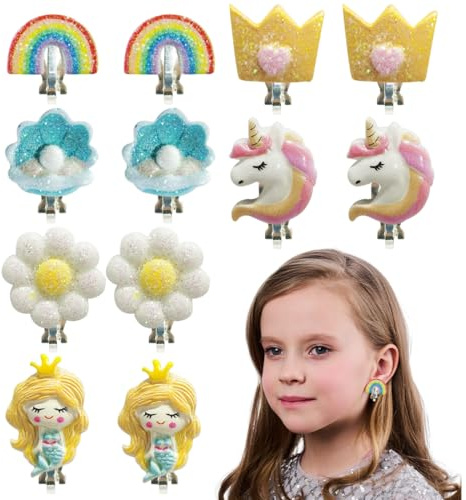 WUSJCOF Pendientes de Clip y Magnéticos,6 Pares de Resina no Alérgicos,Unicornio,Flor y Diseño Colorido,Cómodos y para Ocasiones Especiales,Accesorios de Joyería de Princesa para Niñas