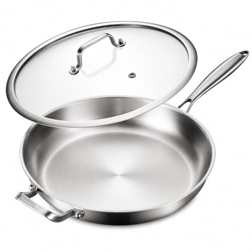 Nontoxicook Professional 36cm Tri-Ply Stainless Steel Frying Pan with Lid, Uncoated 14 Chef's Skillet, All Hobs Compatible Including Induction, Oven Safe to 315°C