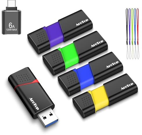 AreTop USB Stick 3.0 64GB 5 Stück, mit 1x USB-C Adapter,5 Farben
