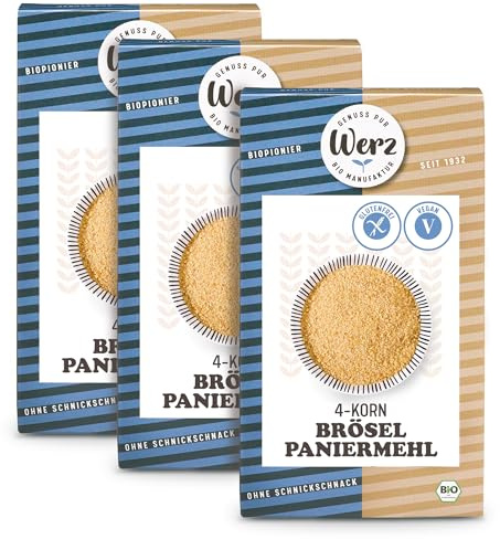 Werz Bio 4-Korn Paniermehl Vollkorn, 3er-Pack (3x200 g), Glutenfrei | eifrei, vegan, ohne Zusatzstoffe, Knusprige Brösel aus Mais, Reis, Hirse, Buchweizen, ideal zum Panieren, Backen, Kochen