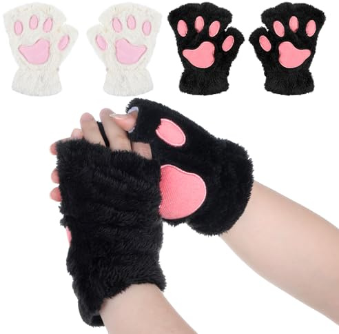 Aphumedc 2 Paare Katzenpfoten Handschuhe Weiche Plüsch Fingerless Gloves | Cartoon Tier Katze Krallen Handschuhe Winter für Halloween Weihnachten Cosplay Kostüm Zubehör(Schwarz,Weiß)