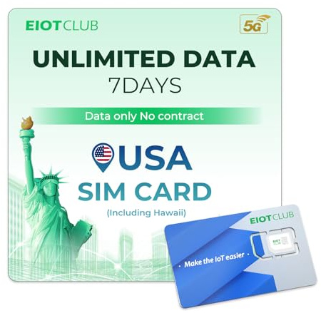 EIOTCLUB USA SIM-kort, 7 dagars obegränsad 5G/4G LTE-data, utan kontrakt, uppladdningsbar, för Hawaii & Alaska, kompatibel med iOS och Android-enheter