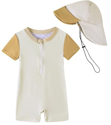 JiAmy Traje de baño para bebé con sombrero para el sol, protección UV, de una pieza, traje de baño, caqui, 3-6 meses