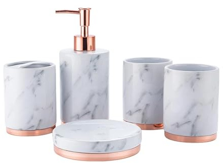 Bathroom Sets Juego de dispensador jabón 5 Piezas con Accesorios cerámica: Incluye 3 Vasos for cepillos Dientes Coastal Decor(Gold)