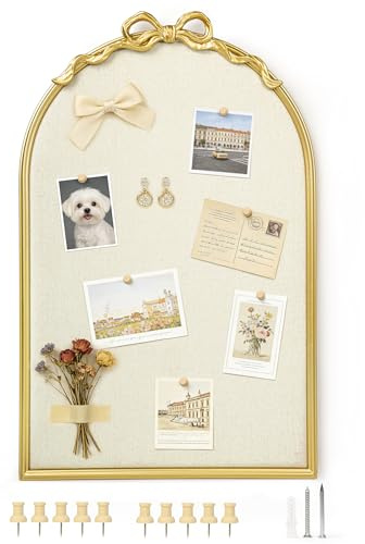 AELS Large Vintage Arched Bulletin Board with Antique Gold Bow and Metal Frame, Linen Fabric Pin Board, Decorative Wall Memo Board for Home Office, Entryway & Kitchen Décor, 15.9X24.6