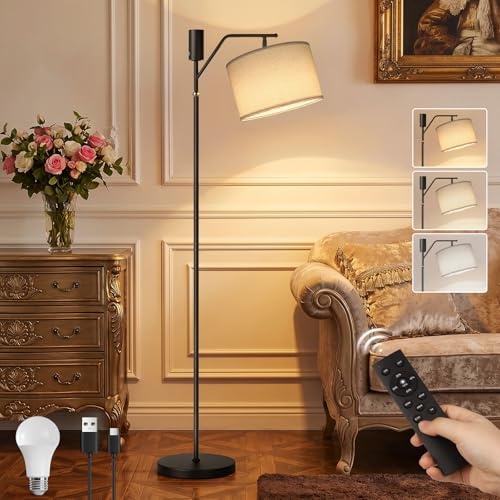 Ketom Akku Stehlampe mit Fernbedienung, LED Stehlampe Wohnzimmer Dimmbar | 3 Farbtemperatur, Timing, Stehlampen mit Schirm, Stehleuchte Kabellos Vintage, für Büro Schlafzimmer
