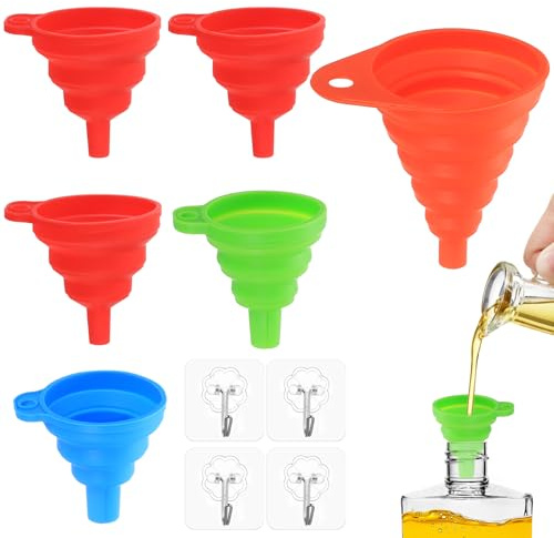 6 Pcs Embudo Cocina, Embudo Plegables de Silicona, Embudos Portátiles para cerveza, aceite y líquidos (tamaños S/M/L/XL), con 4 ganchos