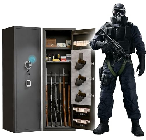 Biometric Gun Safe for Rifles and Pistols, Fingerprint Lock 8-14 Rifle Safes for Home, Large Capacity No Assembly Required Gun Cabinets for Rifles with Adjustable Shelves, 13.8W×11.8D×57.1H
