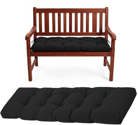 Cojín para banco al aire libre, 100 x 50 cm, cojín de jardín, resistente al agua, con cintas de sujeción y múltiples puntadas, cojín para silla de banco de jardín, columpio de Hollywood (Negro