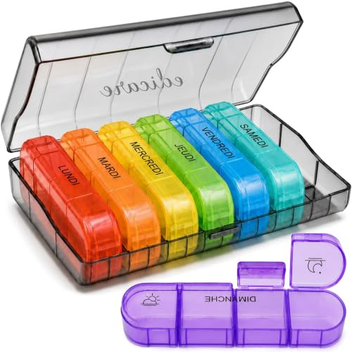 Edicare, Pastillero Semanal 4 Tomas, Días de la Semana en Francés, Organizador de Pastillas, Caja de Medicamentos Portátil (Francés, 4 Tomas)