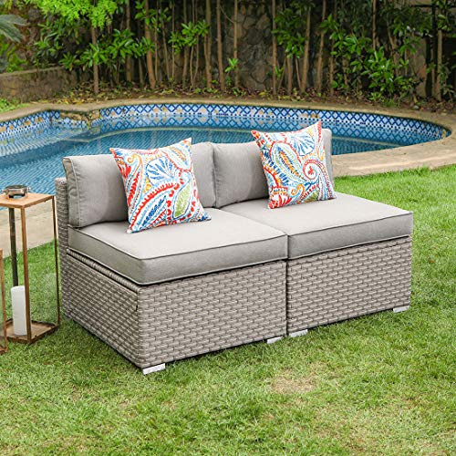 COSIEST 2-Piece Outdoor Furniture Add-on Armless Chairs for Expanding Wicker Sectional Sofa Set w Warm Gray Thick Cushions, 2 Floral Fantasy Pillows for Garden, Pool, Backyard