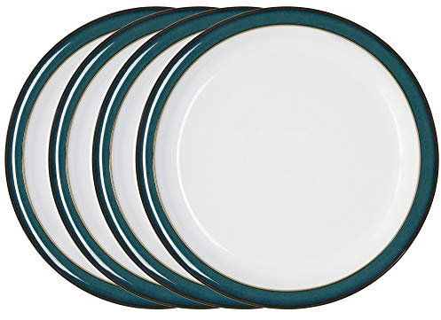 Denby - Greenwich Dinner Plates Set of 4 - Dishwasher Microwave Safe Crockery 26.5cm - Glazed Green, White Ceramic Stoneware Tableware - Chip & Crack Resistant