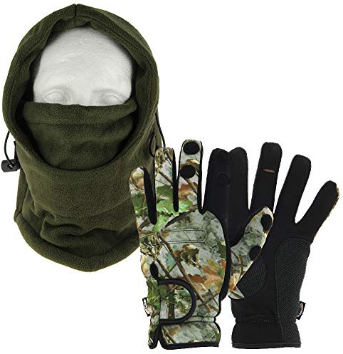 DNA Cold Weather Carp Fishing Fleece Lined OD Green Adjustable Snood with Gloves (Medium, Large or Extra Large - You Pick) (Large Gloves)
