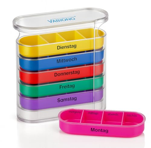VABIONO® Pillendose Pillenbox Tablettenbox Medikamentenbox COLOR 7 Tage 4 Fächer Tablettendose Wochendosierer Woche (morgens mittags abends nachts)