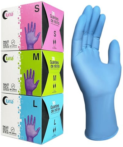 MUNTRADE Guantes Nitrilo 30 unidades | Cubo de Guantes de Nitrilo Sin Polvo, Sin Látex, Guantes Desechables (Azul, S)