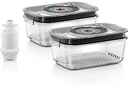 Bosch Vakuum-Frischhalteset MSZV6FSG2, Vakuumpumpe, 2 Vakuum-Glasbehälter (1,2 l), Temperaturbeständiges Borosilikatglas, geeignet für Gefriertruhe und Ofen, BPA-frei, spülmaschinengeeignet