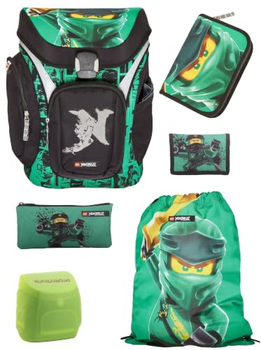 Familando - Schulranzen Set 6-teilig mit Federmappe - Ninjago Grün - Ergonomisch, stabil & mit gepolstertem Rücken - 1250g leicht mit 16L Volumen - wasserabweisend und mit Reflektoren - Ab 1. Klasse