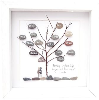 Family Tree Personalised Gift Framed Pebble Art Picture Rock Art, Housewarming, Unique Design, 25 x 25 cm