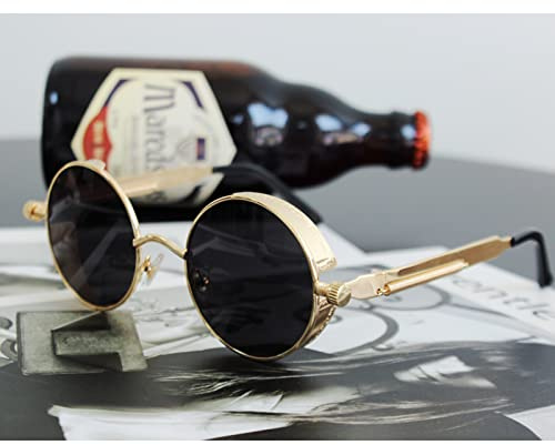 Vintage-Sonnenbrille mit rundem Rahmen, Tee, Herren und Damen, Kettenbrille, Steampunk-Sonnenbrille, geeignet für Reisen, Reitpartys, Strandbekleidung und andere Outdoor-(Color:Schwarz)