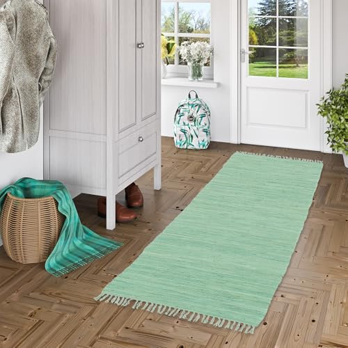 Pergamon Baumwolle Natur Teppich Flachgewebe Handgewebt Läufer Jolly Cotton Mint in 6 Größen