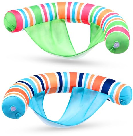 SLOOSH Inflatable Pool Floats Chairs Adults, 2 Packs Floating Noodle Chair with Stripes Design Soft Fabric Covered with Sling for Swimming Pool Water Party Summer Lake,Blue,Green