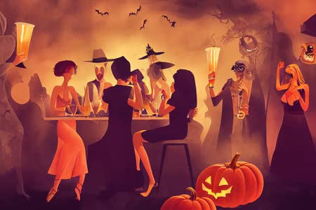 adrium Acryl-Bild 140 x 90 cm: Freunde in Halloween-Kostümen Trinken Cocktails, Gruppe junger glücklicher Menschen(191486311)