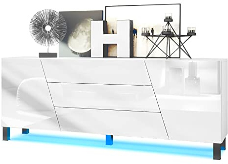 Vladon Sideboard Houston, Made in Germany, Kommode mit 2 Türen und 3 Schubladen, Korpus Weiß matt, Fronten Weiß Hochglanz, inkl. LED-Beleuchtung (178 x 69,5 x 38,5 cm)