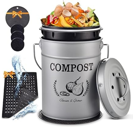 AOSION Countertop Compost Bin Kitchen,Odorless Indoor Compost Bin with Lid and Compost Bags,Compost Bucket Composter Container for Food Waste,Grey