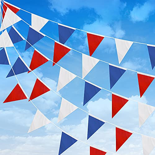DOJoykey Banderole rouge bleu blanc en tissu nylon de 20 m avec 52 drapeaux triangulaires pour la fête nationale, un anniversaire, un mariage, la fête des mères, une décoration de jardin en plein air