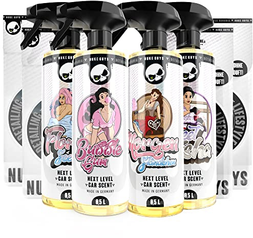 Nuke Guys Car Scents - Auto Duft Spray - Dufte Vierer Set - 4 x 500ml Autoparfüm - 1x Sweet Geisha, 1x Bubblegum, 1x Morgenständchen, 1x Flores Scent - Lufterfrischer, Autoduft + Anhänger