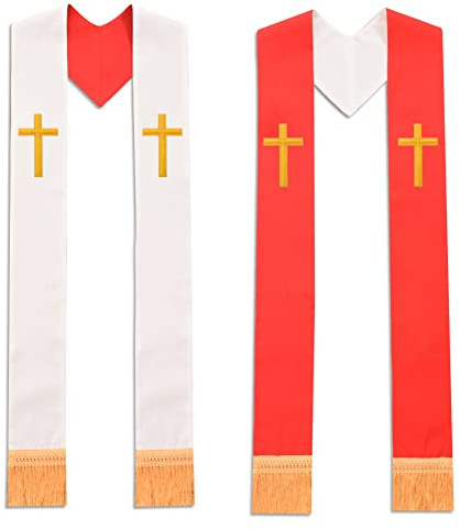 BLESSUME Stola reversibile del pastore del clero della chiesa, Rosso e bianco 6, taglia unica