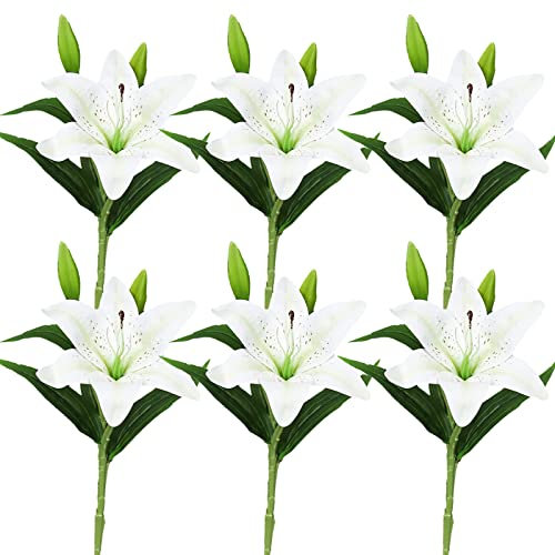 JYCRA 6 flores artificiales de lirio, 15 pulgadas de tacto real para el hogar, lirio de plástico para decoración de jarrones de fiesta de boda (blanco)