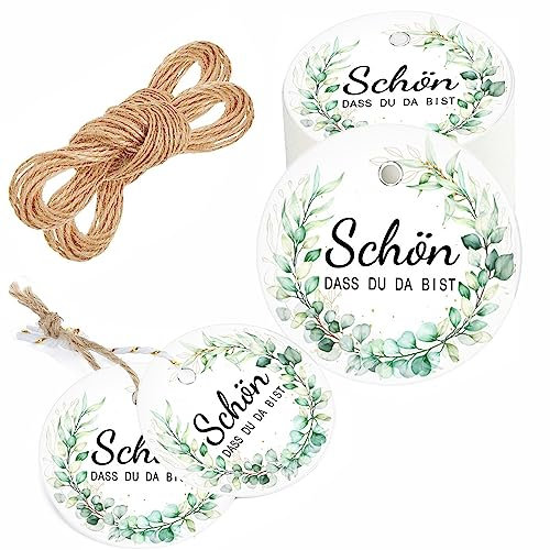 100 Stück Kraftpapier Geschenkanhänger,SCHÖN DASS DU DA BIST Etiketten,5 CM Geschenkanhänger Hochzeit,Mustern Runde Papieranhänger mit 10m Jute Schnur für Hochzeit Party Baby Shower DIY Kunsthandwerk