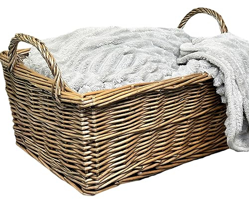 Rectangular Kubu Basket 42cm Handled Antique Wash Willow Wicker Large Home Storage