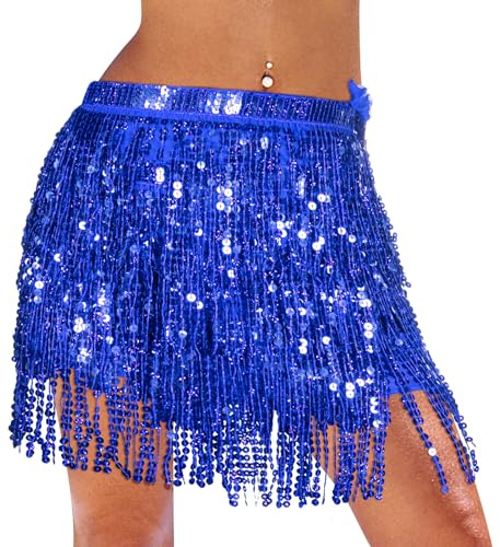 Monbessi Jupe Paillette pour Danse du Ventre Mignon Jupe Danse pour Femmes et Filles Festival de Danse (Bleu Marine)