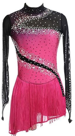 JRUIA Damen Eiskunstlauf Performance Kleid Mit Quasten Professionelle Eislaufbekleidung Rosa Sfumato Turnanzug Für Mädchen Strass Lange Ärmel Rollschuhrock,Rosa,XXXL