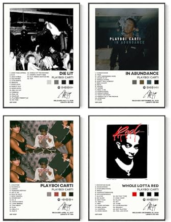 Playboi Carti Albumcover, signiert, limitierte Poster, Druck, Rapper, Musikposter, Leinwand, Wandkunst, Raumkunst, ästhetisches Set mit 4 Stück, für Teenager und Mädchen, Wohnheim-Dekoration, 20,3 x