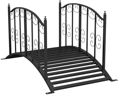 Outsunny Gartenbrücke Stahl 1,19 m Teichbrücke mit Geländer Zierbrücke mit Blumenmuster Dekobrücke bis 120 kg für Balkon, Terrasse, Schwarz